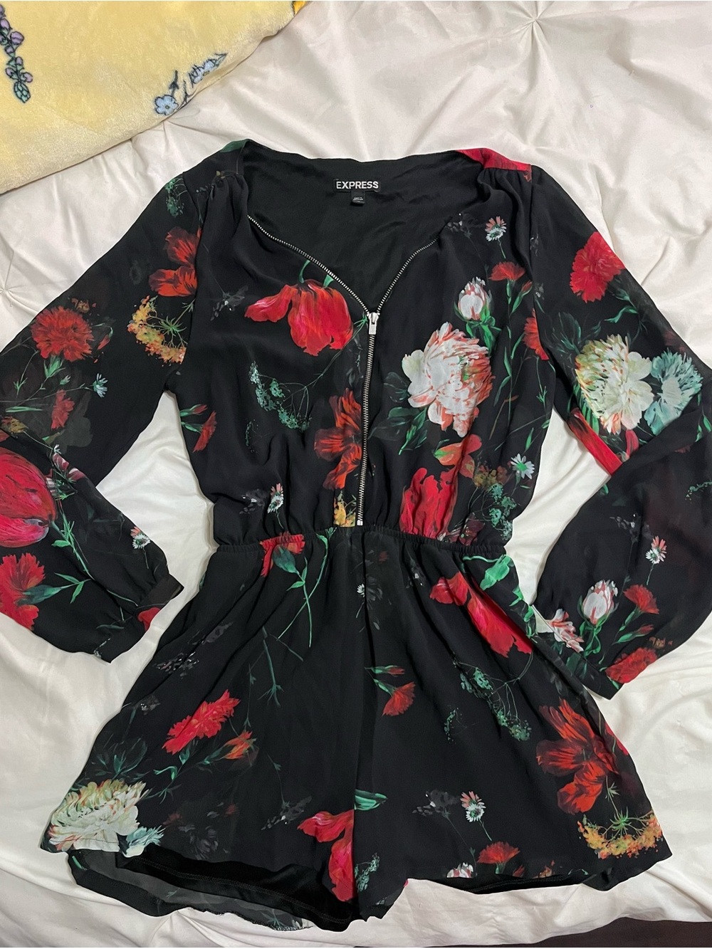 Express Black Floral Long-Sleeve Dress